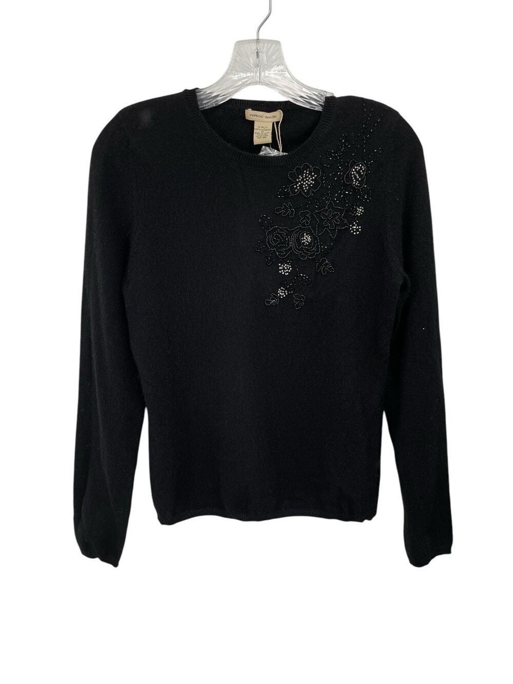 NWT Vertical Design Cashmere Sweater Beaded 2 Ply Black Size Medium